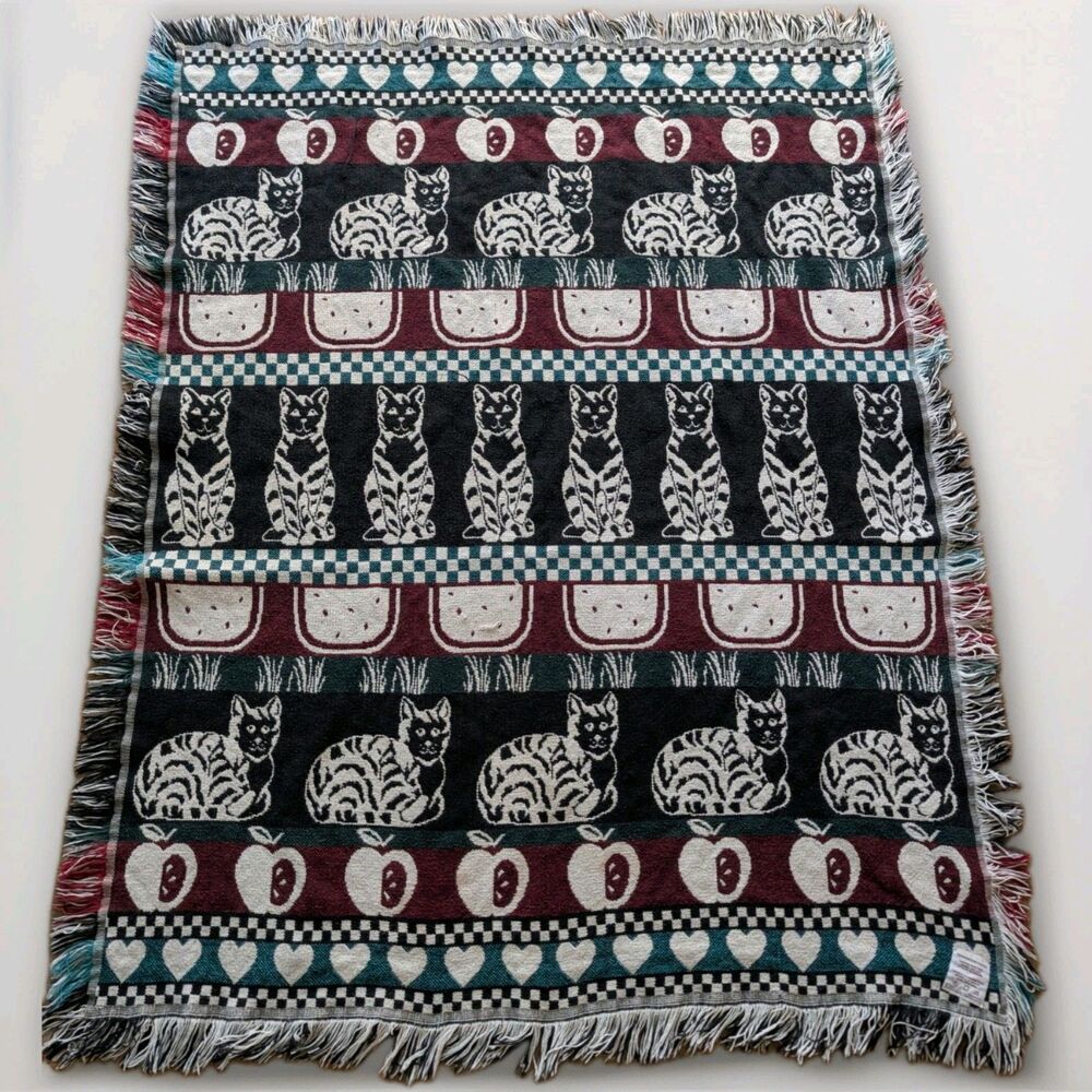 Crown Crafts 60x52 Throw Blanket Vintage Cat Apple Afghan Country Farmhouse USA